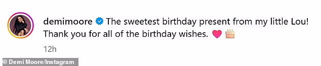 Moore - koja ima 15,5 milijuna pratitelja na društvenim mrežama - napisala je svoj iskreni video s automobilom: 'Najslađi rođendanski dar od moje male Lou! Hvala na svim rođendanskim željama'