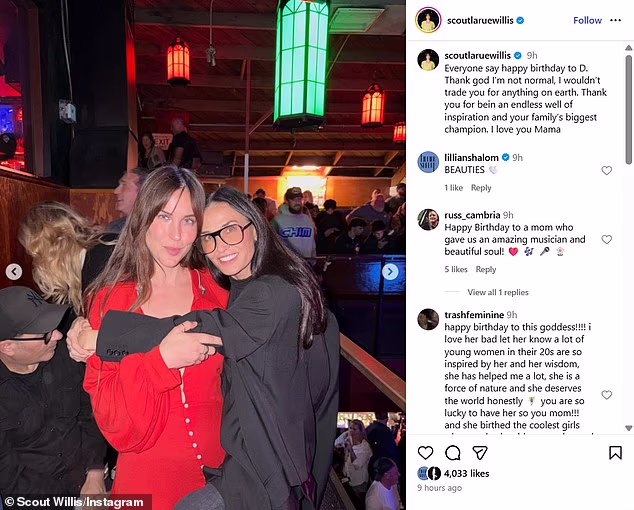Kći brinete rođene u Novom Meksiku Scout Willis podijelila je slideshow na Instagramu i izjavila: 'Svi čestitajte rođendan D. Hvala bogu da nisam normalna, ne bih vas mijenjala ni za što na svijetu'