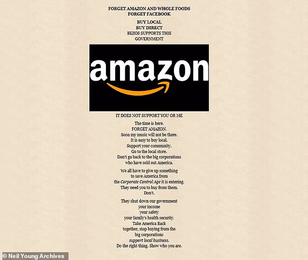 Poznato je da se Young glasno buni protiv svega što je u suprotnosti s njegovim progresivnim vrijednostima. 8. listopada objavio je da uklanja svoj glazbeni katalog s Amazon Musica zbog podrške osnivača milijardera Jeffa Bezosa 'američkoj vladi koja zanemaruje javnu dobrobit'