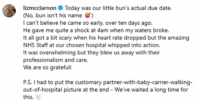 U opisu, pjevačica je otvorila priču o 'neodoljivom' porodu, priznajući da je imala 'priličan šok' kad joj je vodenjak izbio mnogo ranije nego što se očekivalo, ali je pohvalila osoblje NHS-a za brigu