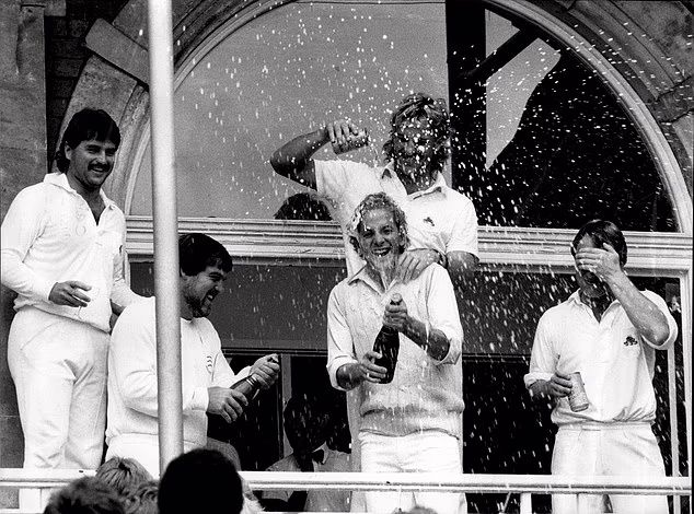 11. David Gower: Celebrating winning the sixth Ashes Test in 1985 at The Oval, with a helpful sprinkling from behind by Ian Botham