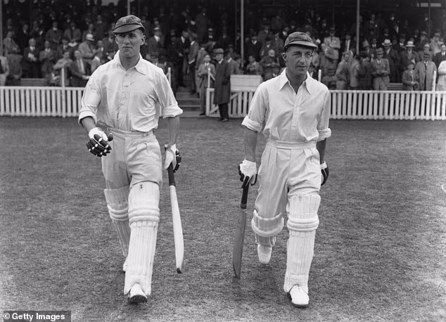 3. Len Hutton: Striding out to bat alongside Bill Edrich (left) at the Oval in 1938. Hutton scored a world-record 364