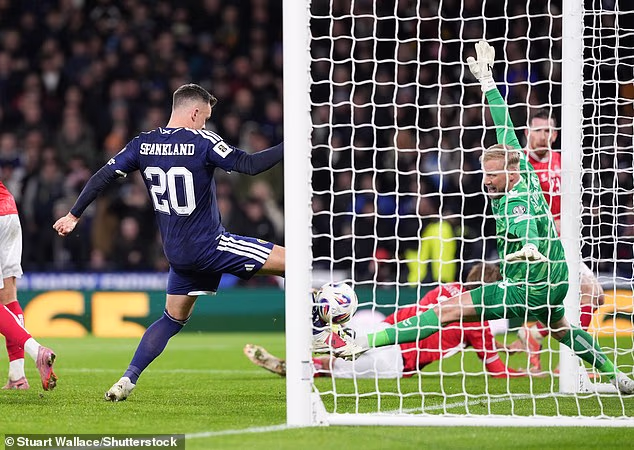 Kapetan Hearta Lawrence Shakland mislio je da je zapečatio kvalifikacije Škotske kada je pogodio iz blizine u 78. minuti