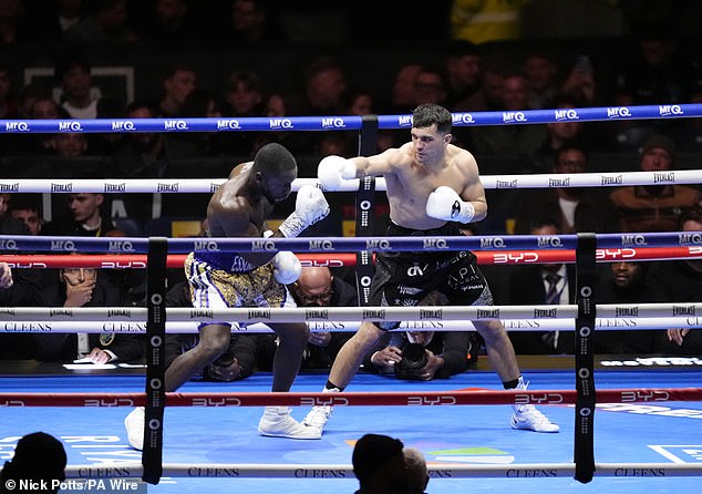 Jack Catterall (right) in action against Ekow Essuman at the Tottenham Hotspur Stadium, London. Picture date: Saturday November 15, 2025. PA Photo. Photo credit should read: Nick Potts/PA Wire.RESTRICTIONS: Use subject to restrictions. Editorial use only, no commercial use without prior consent from rights holder.