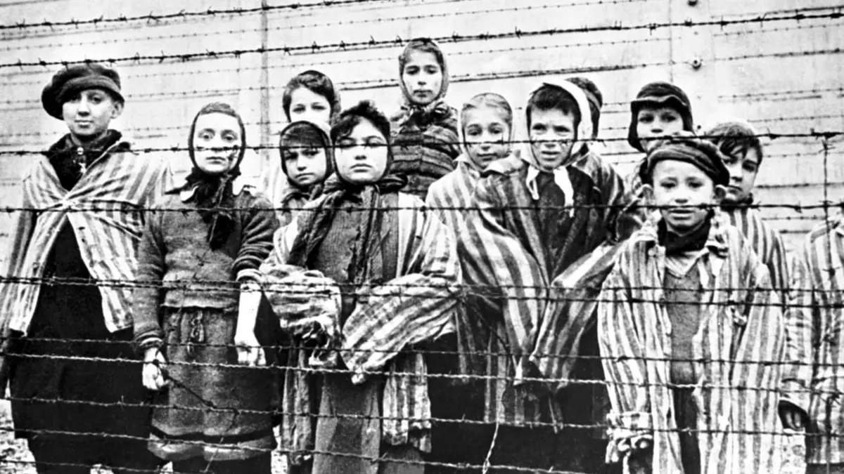 Skupina preživjele djece iza ograde od bodljikave žice u nacističkom koncentracijskom logoru Auschwitz-Birkenau u južnoj Poljskoj, na dan oslobađanja logora od strane Crvene armije, 27. siječnja 1945. Fotografiju je snimio fotograf Crvene armije, kapetan Alexander Vorontsov tijekom snimanja filma o oslobađanju logora. Djecu su Rusi obukli u uniforme za odrasle. Djeca su (slijeva na desno): Tomy Schwarz (kasnije Shacham), Miriam Ziegler, Paula Lebovics (sprijeda), Ruth Webber, Berta Weinhaber (kasnije Bracha Katz), Erika Winter (kasnije Dohan), Marta Weiss (kasnije Wise), Eva Weiss (kasnije Slonim), Gabor Hirsch (vidljivo iza Eve Weiss), Gabriel Neumann, Robert Schlesinger (kasnije) Shmuel Schelach), Eva Mozes Kor i Miriam Mozes Zeiger.