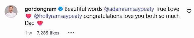 Na Adamovom videu vjenčanja, koji je podijelio na Instagramu, Gordon je napisao: 'Prekrasne riječi @adamramsaypeaty Prava ljubav ¿¿ čestitke volim vas oboje tako puno ¿¿'