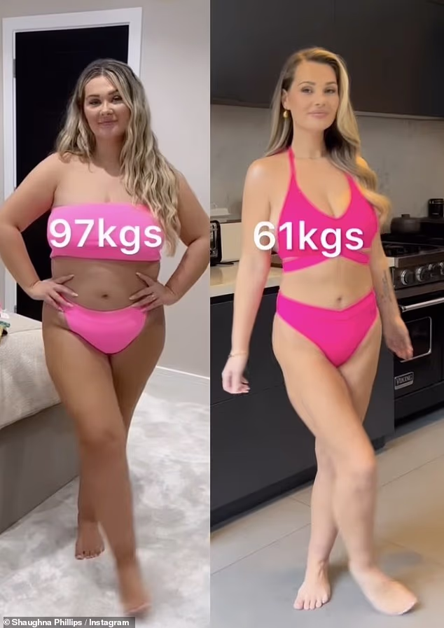 U prethodnoj snimci, Shaughna je pozirala sprijeda i sa strane u bandeau bikiniju, otkrivajući da je prije imala 97 kg, prije nego što je video presječen na naknadnu snimku na kojoj samouvjereno modelira gornji dio bikinija s ovratnikom