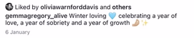 Objavu je naslovila: 'Winter loving, slavi jednu godinu ljubavi, godinu trijeznosti i godinu rasta'.
