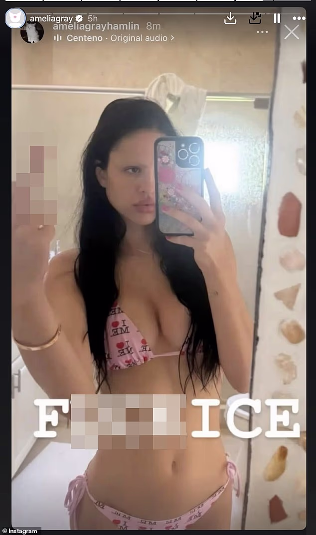 Amelia Gray Hamlin podijelila je selfie u ogledalu dok je pozirala u bikiniju i jednostavno dodala 'F*** ICE' preko slike. Manekenka je u odrazu ogledala pokazala i srednji prst
