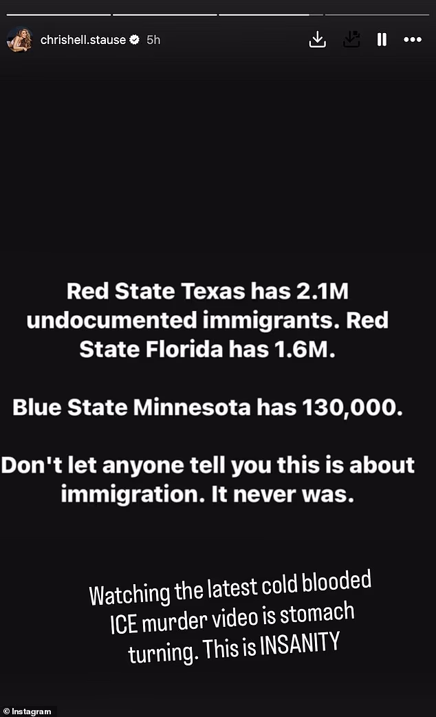 Stause je zatim dodala vlastitu poruku na dnu i rekla: 'Gledajući najnoviji hladnokrvni ICE-ov video ubojstva, želudac se okreće. Ovo je LUDILO'