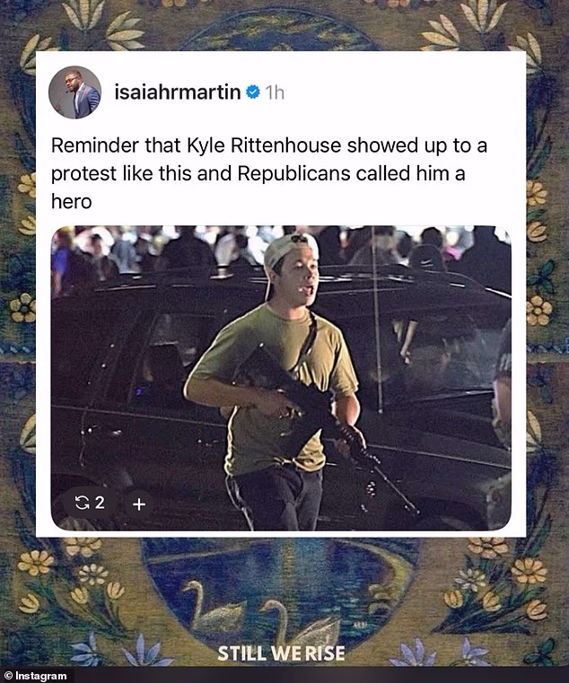 Glumica je također podijelila objavu @isaiahmartina koji je prenio sliku Kylie Rittenhouse iz 2020. nakon snimanja Jacoba Blakea