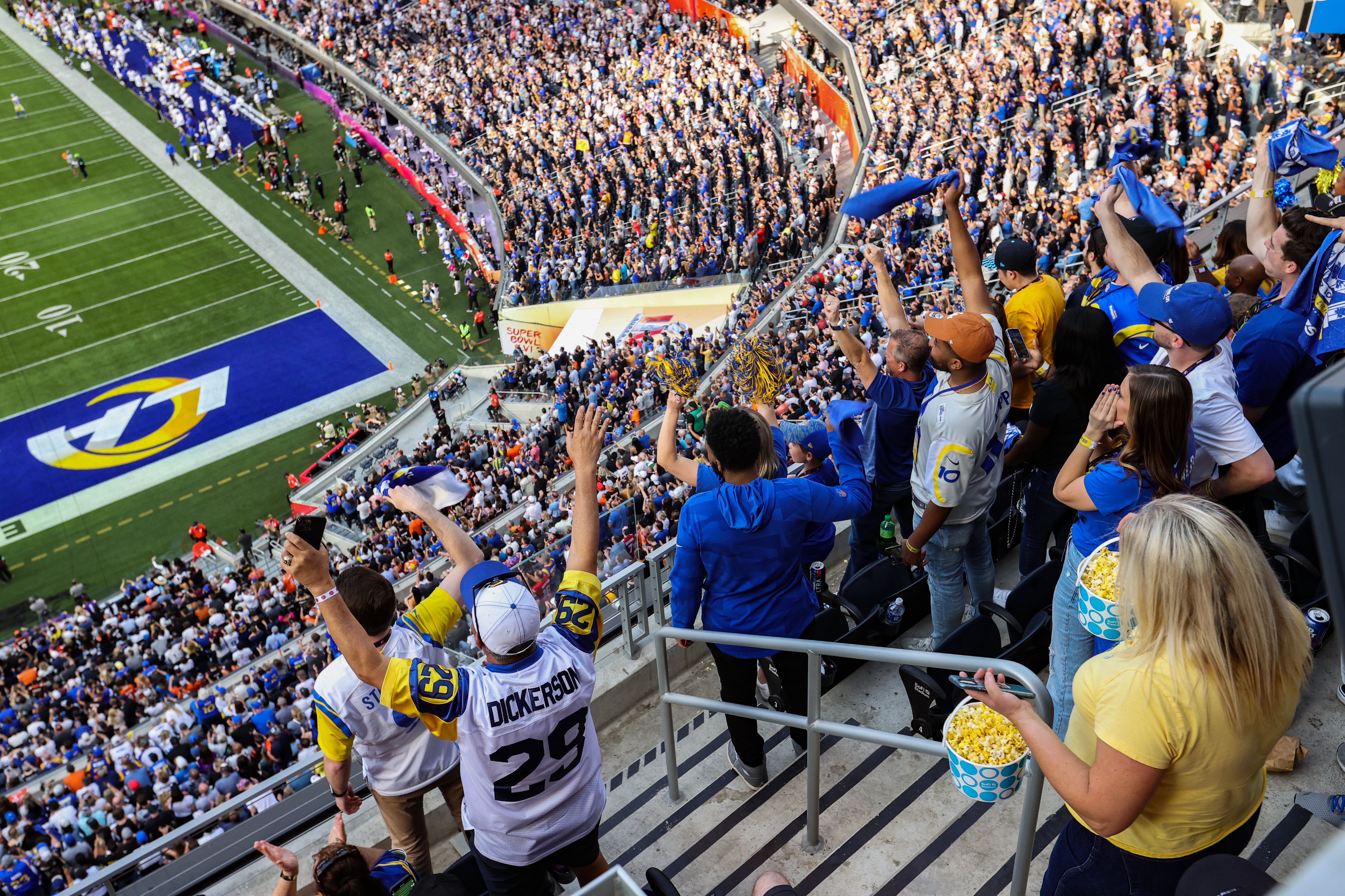 Fans cheer during Super Bowl LVI between the Los Angeles Rams and the Cincinnati Bengals at SoFi Stadium on February 13, 2022 in Inglewood, California. SoFi Stadium is among the 11 U.S. venues where the 2026 World Cup games will be held