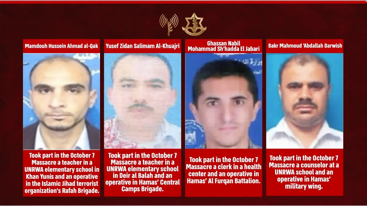 Infografika IDF-a s opisima za koje tvrdi da su radnici UNRWA-e koji su sudjelovali u masakru 7. listopada.