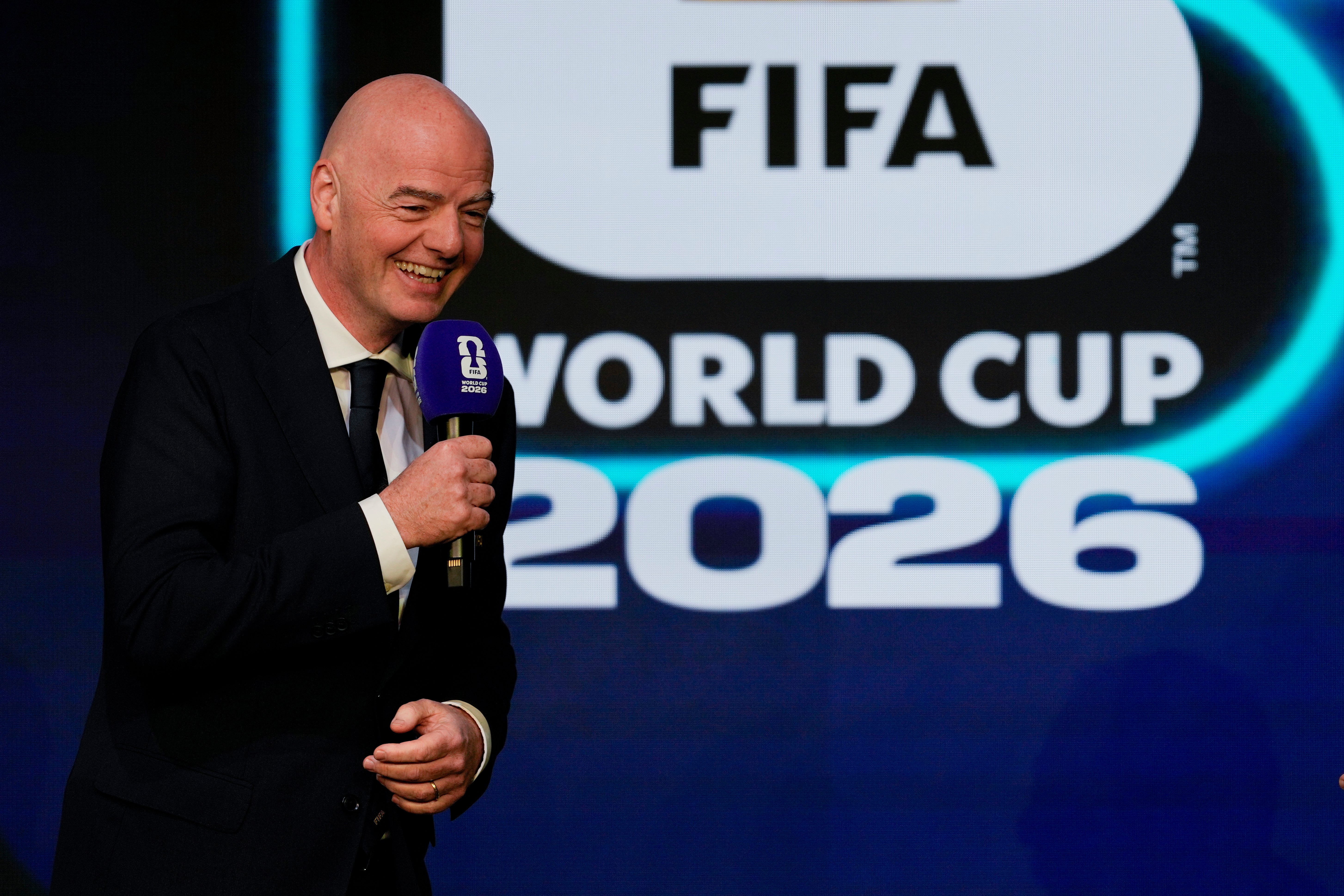 FIFA President Gianni Infantino speaks during the match schedule reveal for the 2026 soccer World Cup in Washington, Saturday, December 6, 2025. Through it’s World Cup Grant Program, FIFA has provided host cities for the 2026 games with $625 million for security investment ahead of the event.