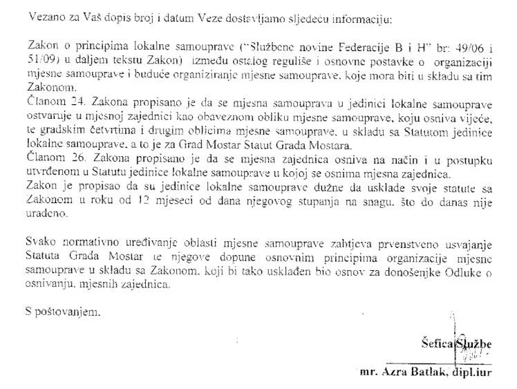 Azra Batlak obavijest o statusu mjesnih zajednica