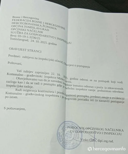 Odgovor Općine Tomislavgrad na zahtjev za inspekcijom