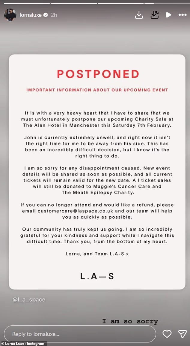 U ažuriranju u srijedu podijelila je objavu u kojoj kaže da je događaj u subotu otkazan jer se mora usredotočiti na brigu o svom partneru