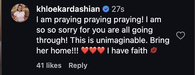 'Ovo je nezamislivo. Dovedite je kući!!! Imam vjere', dodala je