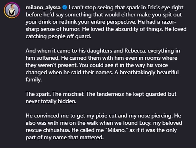 'Ne mogu prestati vidjeti tu iskru u Ericovim očima prije nego što bi rekao nešto što bi vas natjeralo da ispljunete piće ili da ponovno razmislite o svojoj perspektivi', napisala je glumica