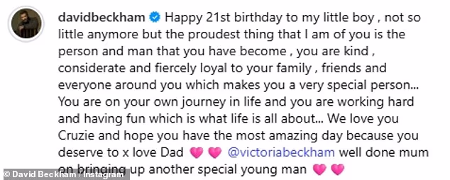 David Beckham predvodio je rođendansku počast 'ljubaznom, pažljivom i žestoko odanom' sinu Cruzu oštrom objavom na Instagramu u petak dok se njegovo otuđenje od najstarijeg djeteta Brooklyn nastavlja