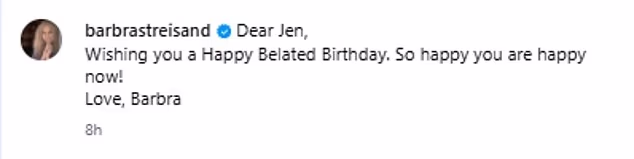 Čini se da je Barbra spomenula Jenniferinu novu romansu sa životnim trenerom i guruom 'ljubavi' Jimom dok je govorila o svom oduševljenju svojom nedavnom srećom