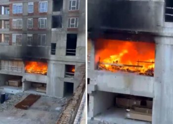 Požar na novogradnji kod Studentskog mosta u Mostaru, vatrogasci na terenu