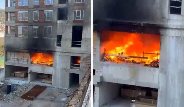 Požar na novogradnji kod Studentskog mosta u Mostaru, vatrogasci na terenu