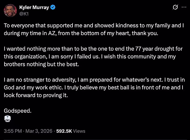 Kvoterbek slobodnog agenta Kyler Murray obratio se svojim obožavateljima nakon puštanja u Arizonu