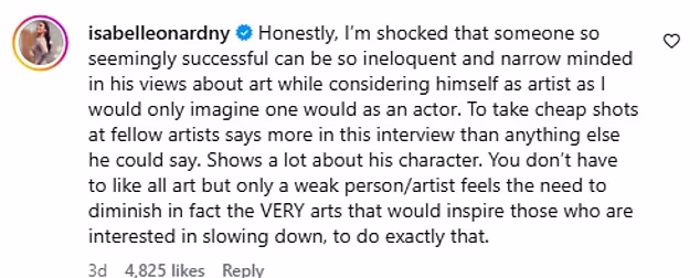 Komentari su potaknuli kritike na društvenim mrežama od strane onih iz dviju industrija, uključujući američku opernu pjevačicu Isabel Leonard