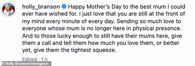 Kći Richarda Bransona Holly podijelila je dirljivu počast svojoj pokojnoj mami Joan za Majčin dan u nedjelju - nakon njezine smrti u 80. godini prošlog studenog
