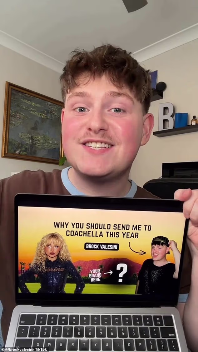 Na drugom mjestu, australski influencer Brock Valesini (na slici) također je podigao obrve zbog dijeljenja videa u kojem objašnjava zašto zaslužuje besplatno putovanje na Coachellu