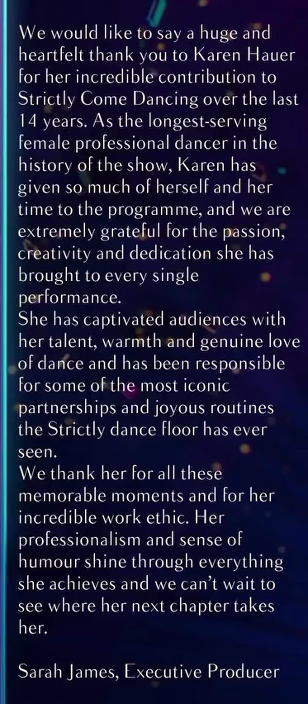 Poruka koju je objavila u znak poštovanja prema plesačici Karen Hauer bez sjekire