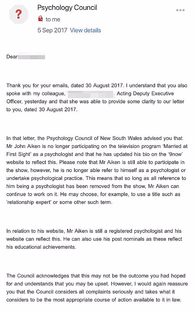 Prethodna istraga Vijeća za psihologiju NSW-a 2017. dovela je do toga da se Aiken više ne može nazivati ​​psihologom niti se baviti psihološkom praksom u emisiji