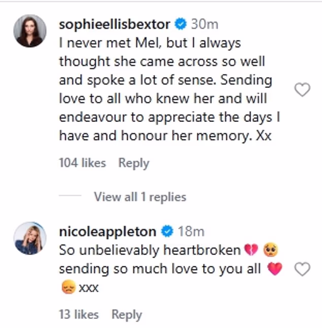 Njezin suprug Gareth potvrdio je vijest na Instagramu u utorak u prekrasnoj izjavi. Objava na Instagramu popraćena je nizom komentara Melovih voljenih i obožavatelja