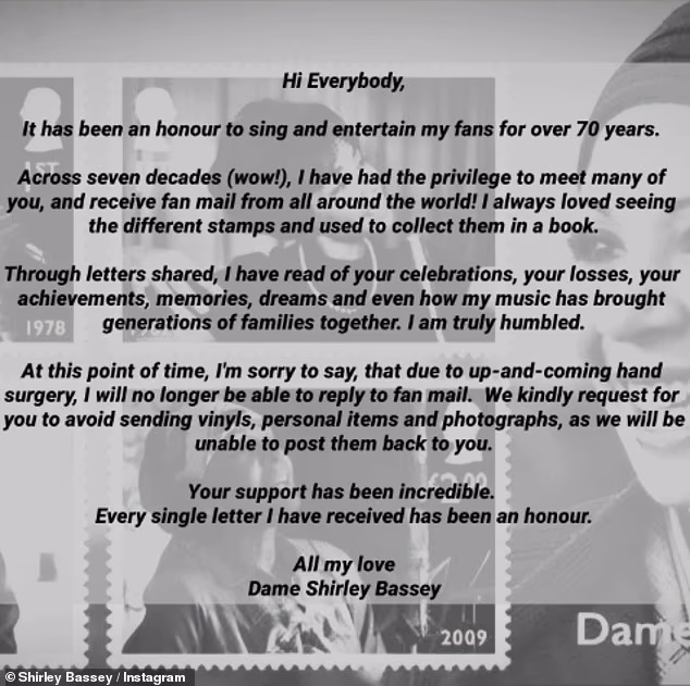 U emotivnoj izjavi, Shirley je podijelila svoju radost što se tijekom godina mogla povezati s obožavateljima i potpisivati ​​njihove vinile i fotografije