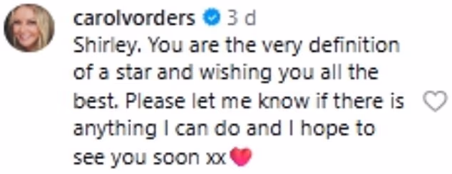 Mnogi obožavatelji i prijatelji podijelili su svoje dobre želje, kao što je Carol Vorderman napisala: 'Shirley. Ti si sama definicija zvijezde i želim ti sve najbolje'