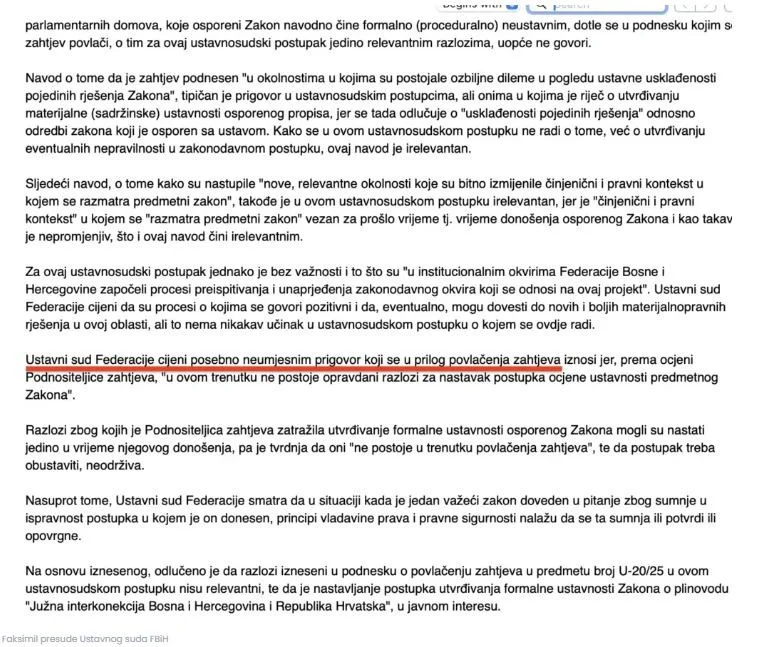 Faksimil presude Ustavnog suda FBiH