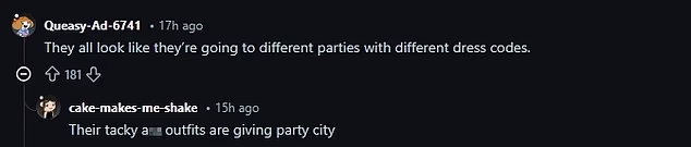Na Redditu su neki obožavatelji iznijeli svoje mišljenje o izgledu, a jedan je napisao: 'Svi izgledaju kao da idu na različite zabave s različitim pravilima odijevanja', dok je drugi odgovorio: 'Njihova neukusna a** odjeća daje party gradu'