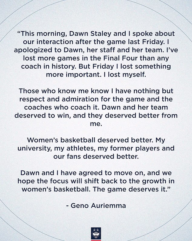 Auriemma je priznala da je 'ženski bejzbol zaslužio bolje' od njegovog ponašanja u petak