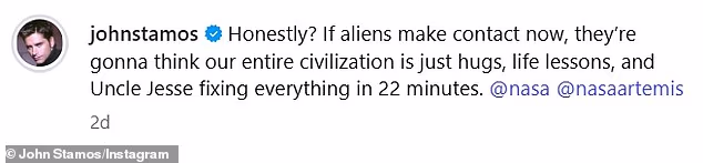 Stamos je naslovio zdravu snimku: 'Iskreno? Ako vanzemaljci sada stupe u kontakt, mislit će da je cijela naša civilizacija samo zagrljaji, životne lekcije i ujak Jesse koji sve popravlja u 22 minute. @nasa @nasaartemis'