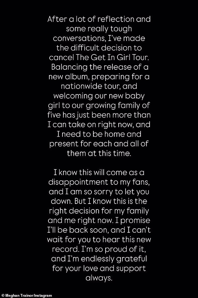 'Nakon puno razmišljanja i nekih stvarno teških razgovora, donio sam tešku odluku o otkazivanju The Get In Girl Tour', napisao je Trainor