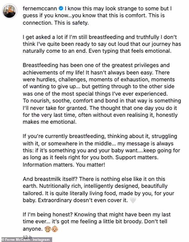 U novoj objavi na društvenim mrežama ovog vikenda Ferne je podijelila snimku nje i Fintyja dok ona pokušava posegnuti u gornji dio svoje pidžame