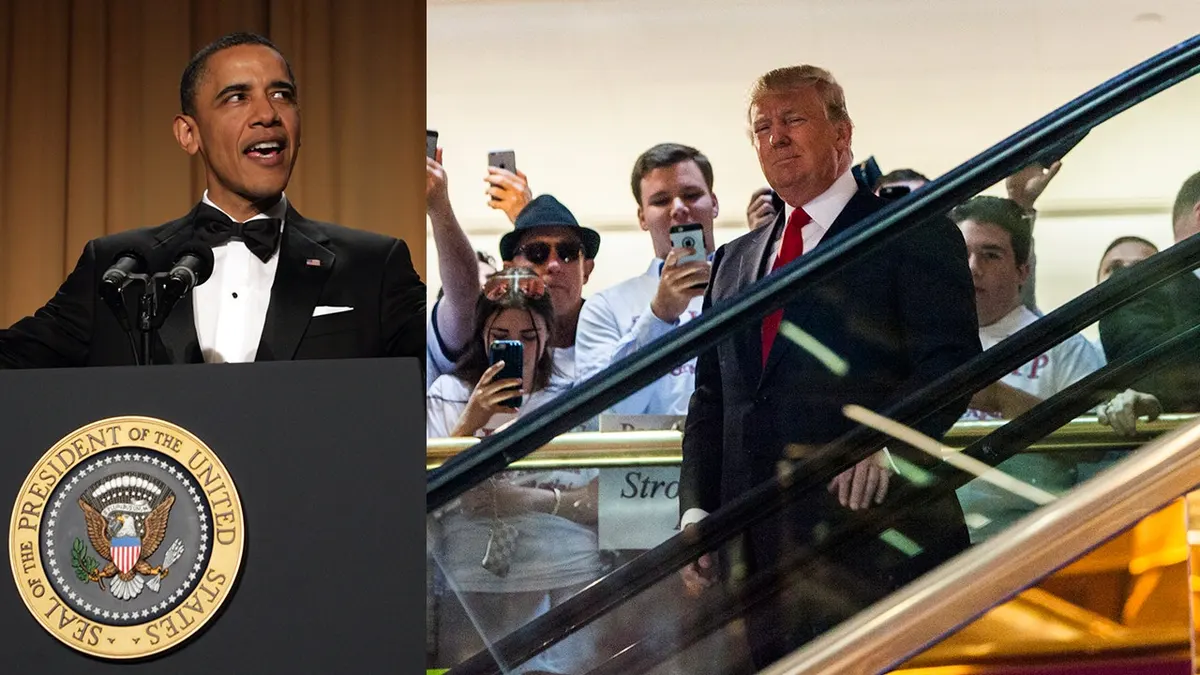 obama govori na dopisničkoj večeri, trump silazi niz pokretne stepenice