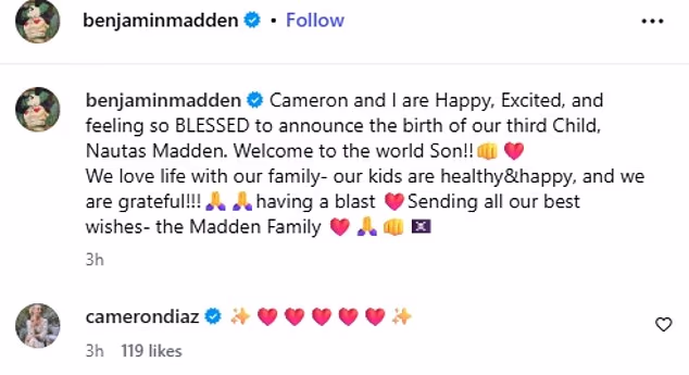 Benji je podijelio vijest na Instagramu, napisavši: 'Cameron i ja smo sretni, uzbuđeni i osjećamo se tako BLAGOSLOVLJENIM objaviti rođenje našeg trećeg djeteta, Nautasa Maddena