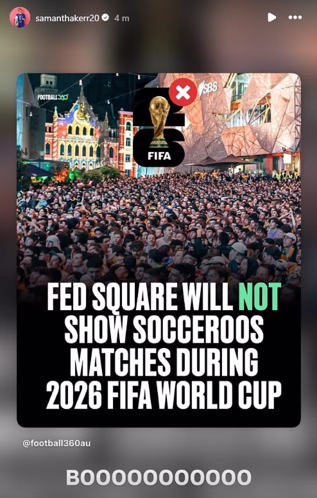 Sam Kerr bila je među onima koji su izrazili svoju frustraciju zbog odluke da se Svjetsko prvenstvo više ne prikazuje na Fed Squareu