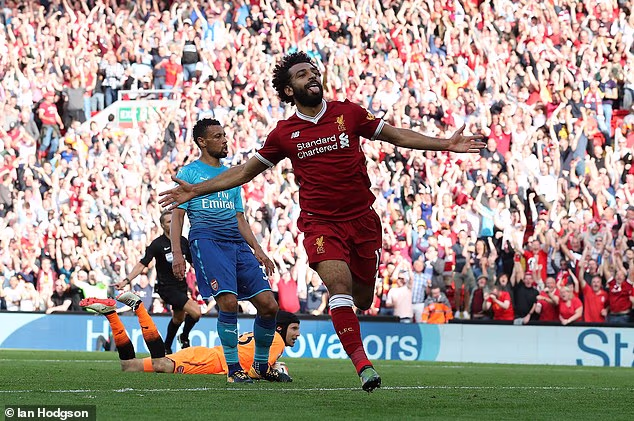 Salah celebrates scoring his first home Premier League goal, in a 4-0 demolition of Arsenal in August 2017