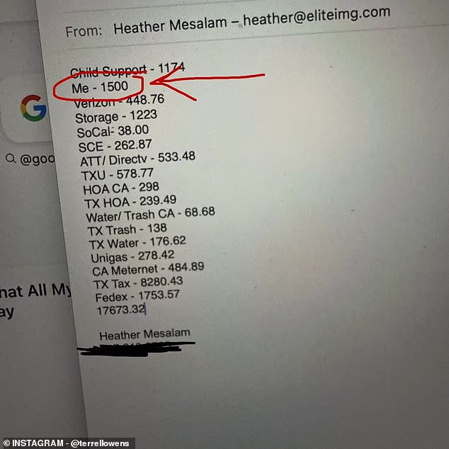 U nizu snimaka zaslona, ​​Owens je podijelio detalje e-pošte i poruka između njega i Mesalama. U jednom je istaknuo honorar od 1500 dolara koji joj je navodno plaćao svaki mjesec