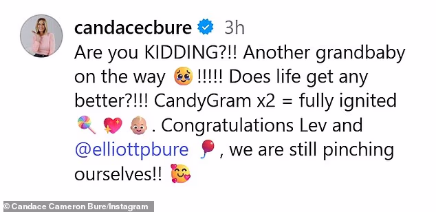 50-godišnja bivša dječja zvijezda napisala je na Instagramu: 'ŠALIŠ SE?! Još jedno unuče na putu! Postaje li život bolji?! CandyGram x2 = potpuno upaljen. Čestitamo Levu i @elliottpbureu, još uvijek se štipamo!'