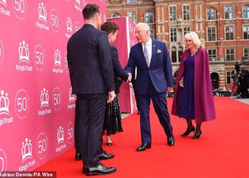 Declan Donnelly uhvaćen je u smiješnoj optičkoj iluziji dok pozdravlja Charlesa i Camillu na crvenom tepihu na gala proslavi 50. godišnjice King’s Trusta