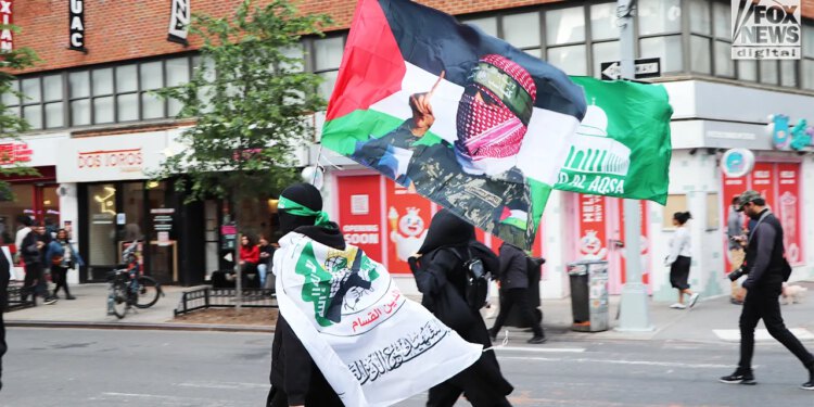 Masked protesters carry Hamas flags at NYC Manhattan protest Friday